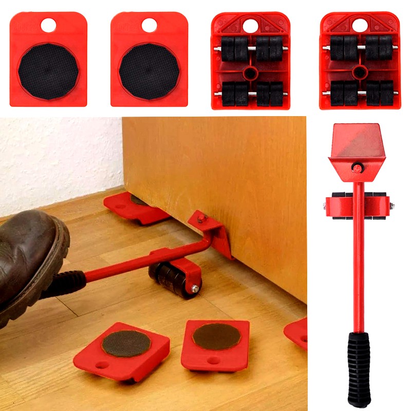 5PCS Furniture Mover Tool Transport Lifter Heavy Stuffs Moving 4 Wheeled Roller with 1 Wheel Bar Set Professional Device